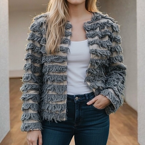 Sweaters - Gray Shaggy Textured Cropped Boho Long Sleeve Open Front Cardigan Sweater OS
